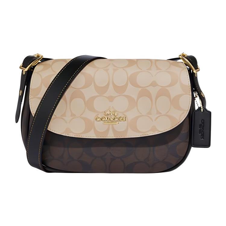 Ny COACH Macie Sadelveske i Kunstskinn, Skulderveske, Skulderveske Medium Størrelse Dame Lys Khaki & Brun CB898-IMUOH