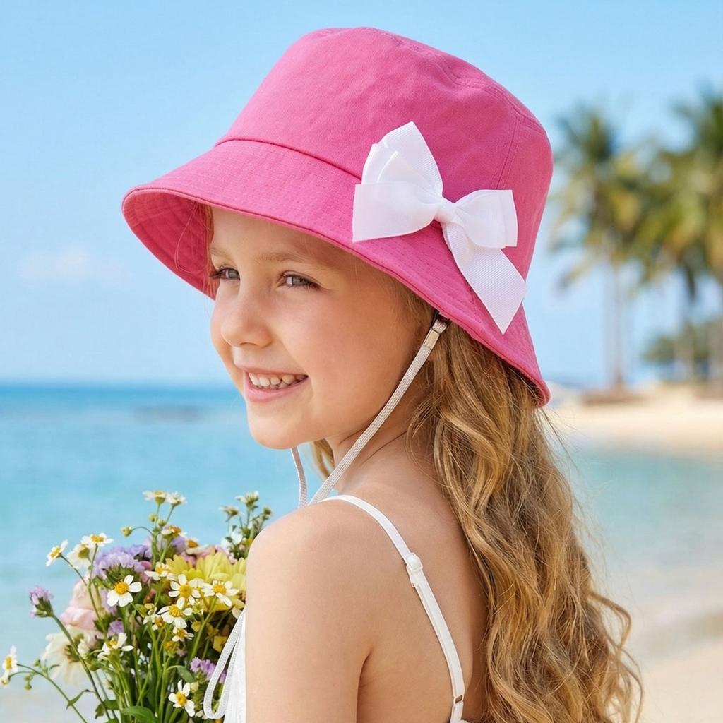Cute Bowknot Girls Bucket Hat Adjustable Windproof Strap Kids Summer Beach Sun Hat for Girls 3-9 Years Old
