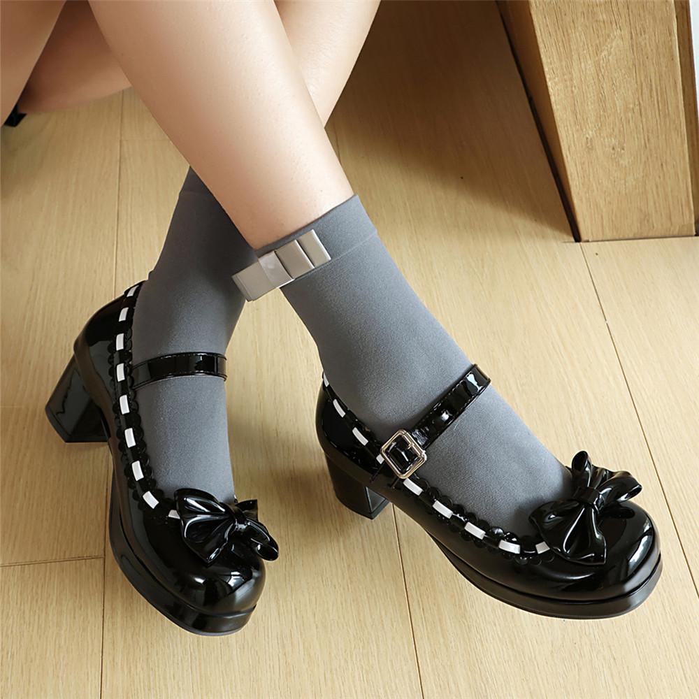 Fashion Size 34-48 Woman Med Heel Lolita Shoes Patent Leather Cute Bow Mary Jane Pumps Bride Wedding Cosplay Party Red Pink Black Green