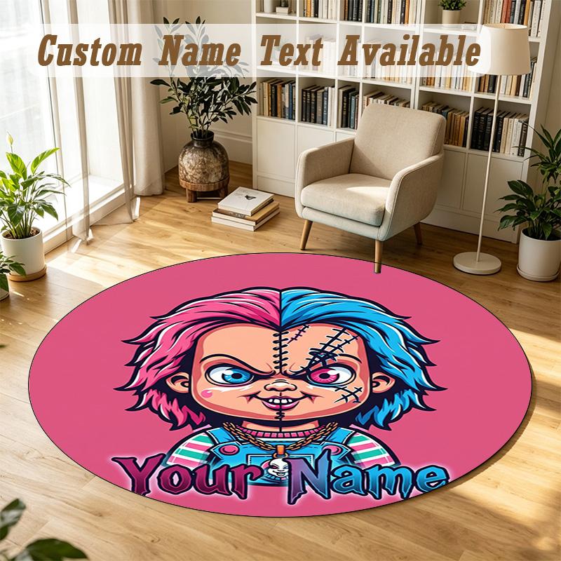 Child's Play Chucky Tiffany Personalized Round Rug Support Custom Name, Soft Home Decor Mat