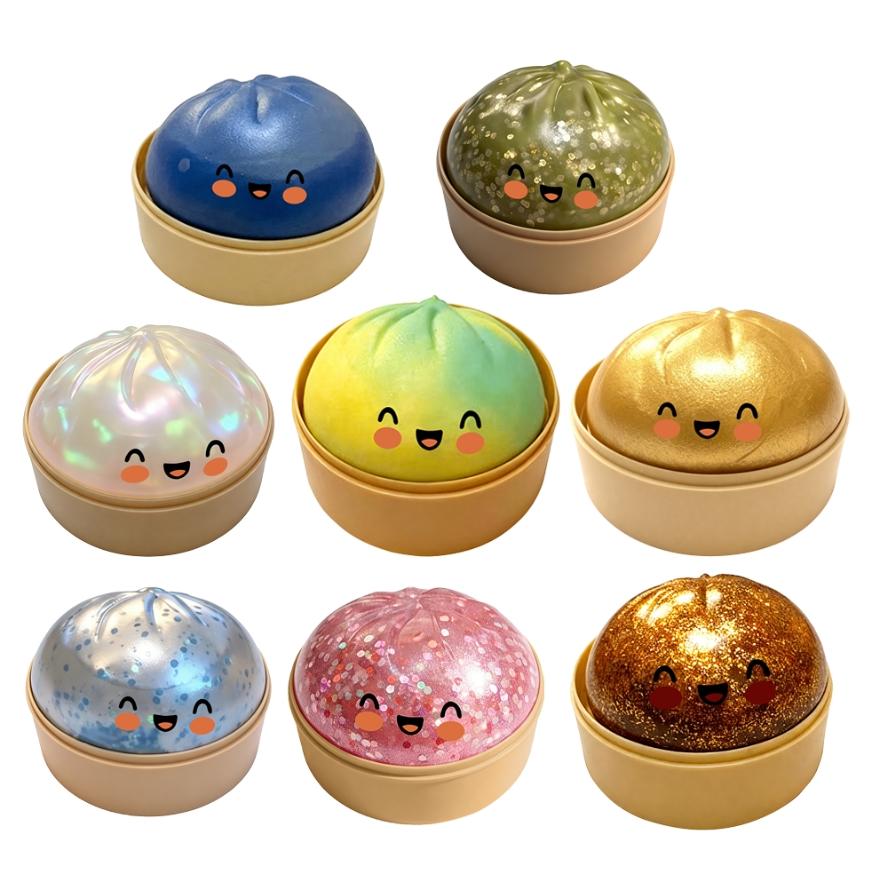Kawaii-Stressball in Knödelform mit Smiley-Gesicht, einzigartiger Dampfgarer-Sockel, knetebarer Teigball, Geburtstagsgeschenk für Mädchen, Jungen und Erwachsene