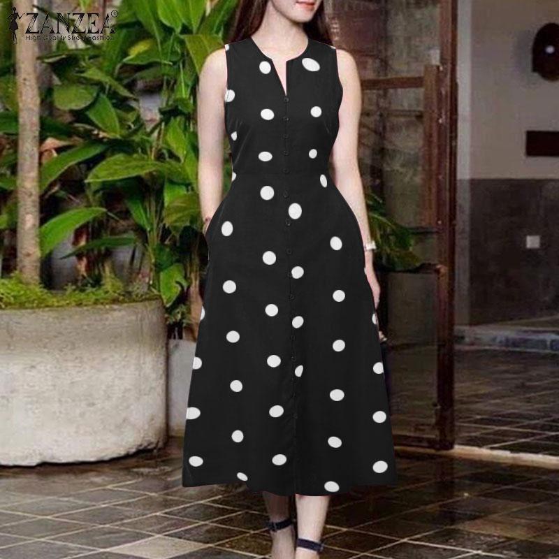 ZANZEA Women Vacation Casual V-Neck Sleeveless Polka Dot A-Line Slit Dress