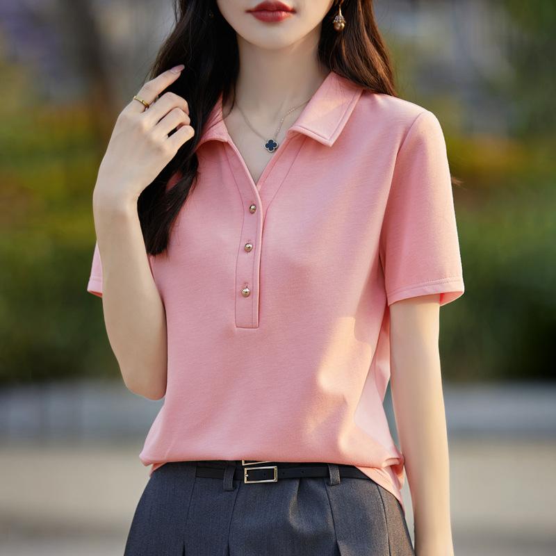POLO Collar Sweater Short-sleeved Womens Summer Trendy Versatile T-shirt Light and Soft Top Half Sleeve
