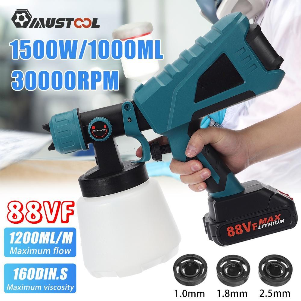 1500W 88VF Electric Spray Gun 3 Nozzle Size 1000ml Household Electric Paint Sprayer Flow Control Airbrush For 18V Battery