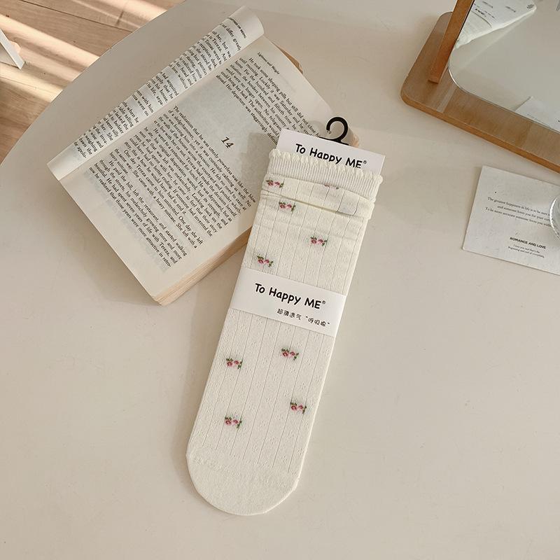 Female Spring and Summer Thin Floral Bow Lace Polka Dot Boneless Tube Pile Socks