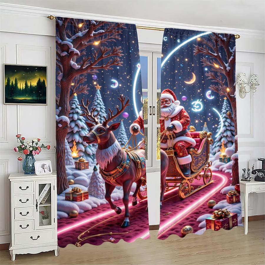 Set Of 2 Christmas Santa Claus Tree Pattern Printed Curtains Decorations Home Room Curtain Polyester Premium