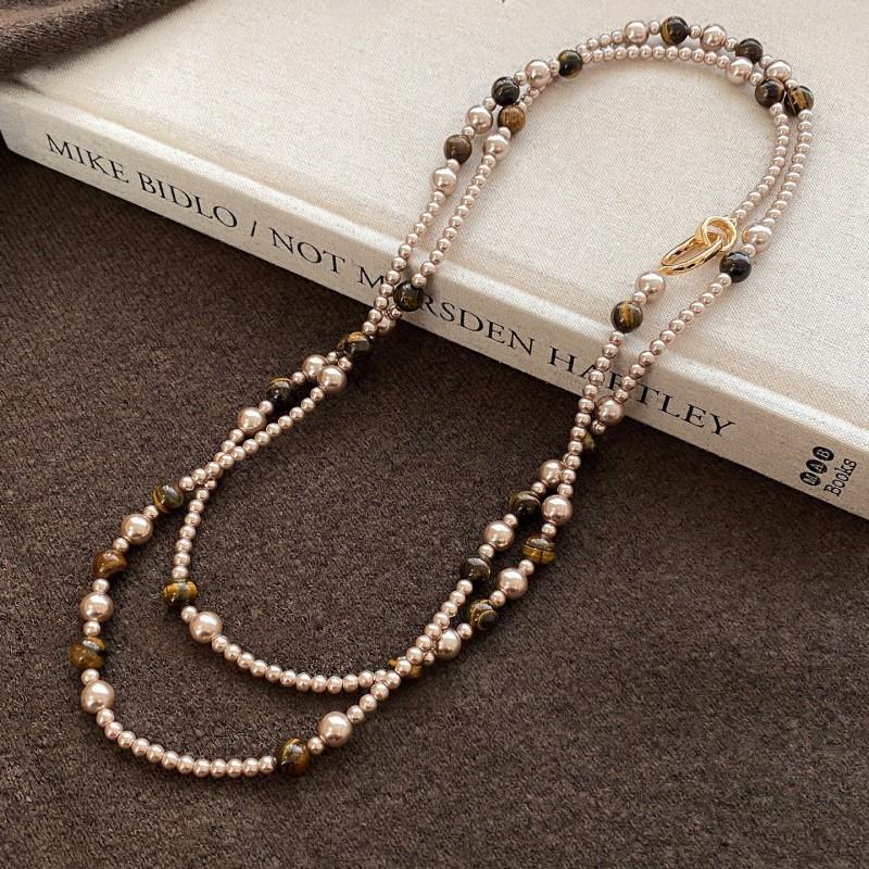Handmade Layered Tigers Eye Brown Pearl Necklace 118cm Long Chain Minimalist Chic Statement Jewelry Women Daily Wear