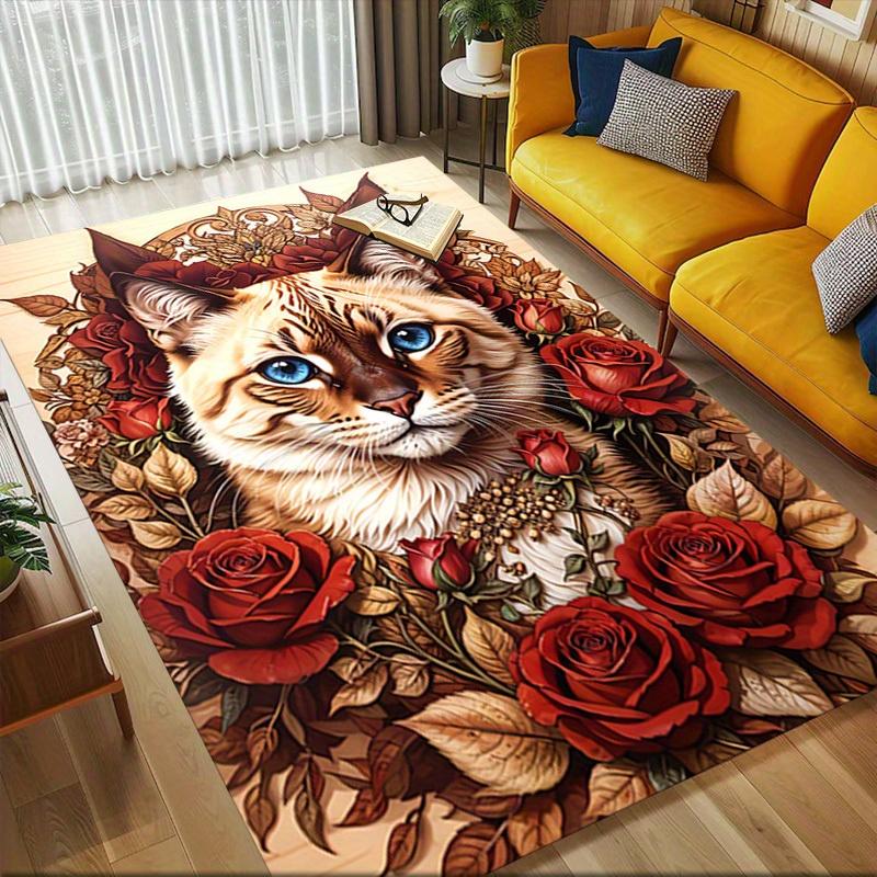 1pc Cat Roses Themed Rug for Home Decor, Non-slip Office Carpet, Chair Mat, Outdoor Mat, Christmas and Halloween Gifts-0731167