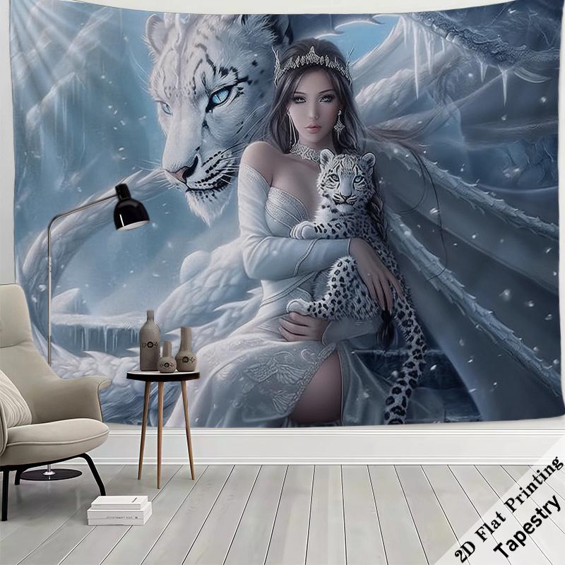 Elegant Fantasy Wolf Girl Tapestry Large Wall Hanging Art Decor Print Mythological Creature Woman 180x280cm Room Decor