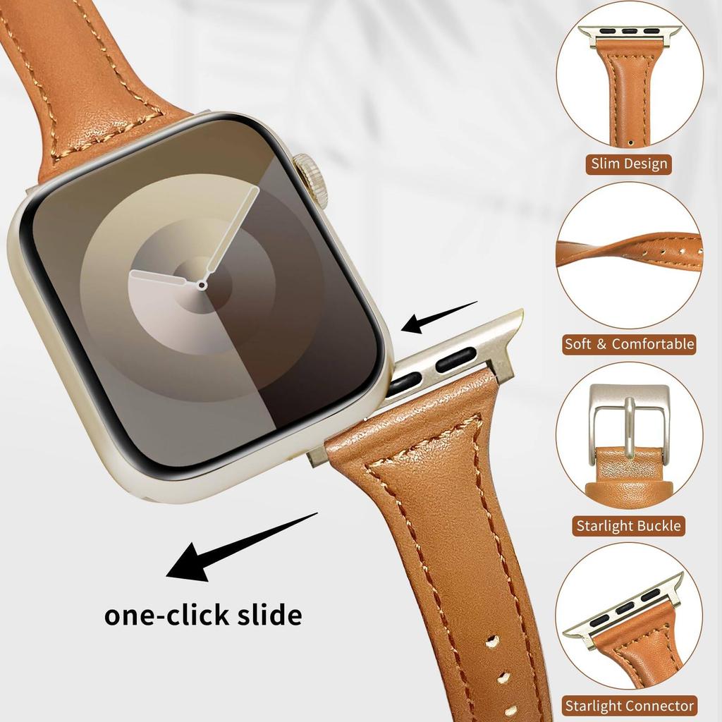 Leather Strap for Apple Watch Ultra 49mm 45mm 41mm 38mm 42mm 44mm 40mm Men Women Slim Genuine Leather Band for iWatch Serie 9 8 7 SE 6 5 4 3 2 1