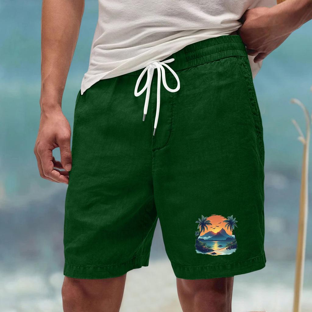 Men’s Casual Loose Fit Drawstring Waist Shorts with Hawaiian Beach Print Relaxed Linen Blend Summer Athletic Pants
