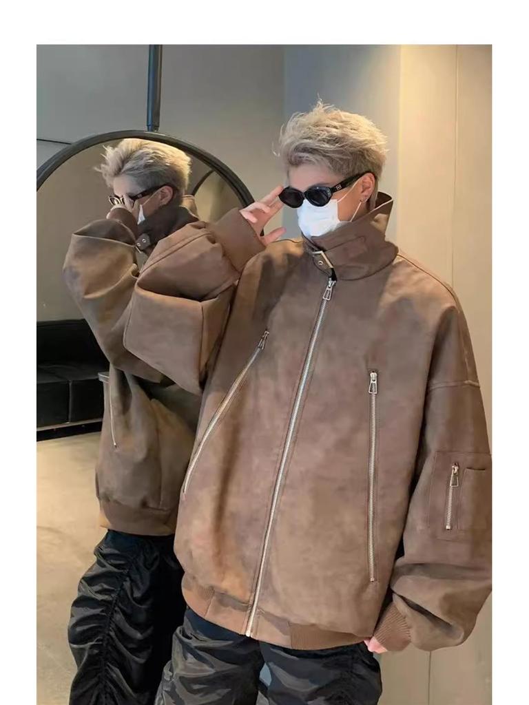 Men's Trendy Maillard Brown Leather Motorcycle Bomber Jacket with Lapel and Zipper