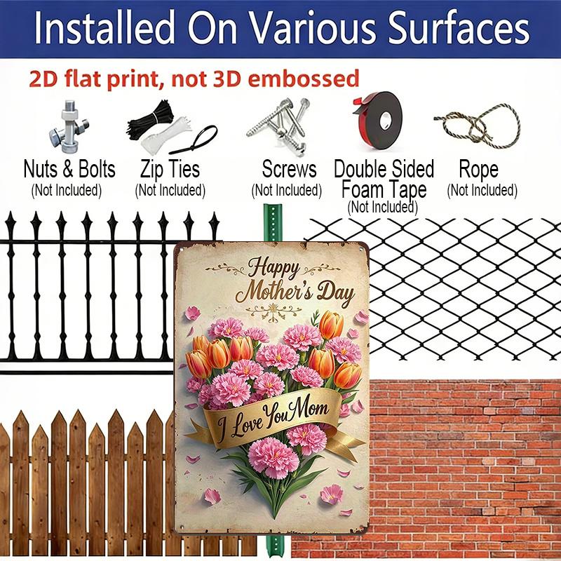 2D Flat, Vintage Mother'S Day Wall Art - "Happy Mother'S Day" Floral Design with Tulips & Carnation, Golden Ribbon "I Love You Mom" - Charming 8x12
