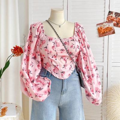Printed Short Top, Square-neck Hot Girl Women's Chiffon Pleated Top