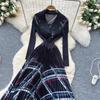Spring Autumn Women Elegant Blazer Collar Double Breasted Print Office Party Long Maxi Pleated Dresses