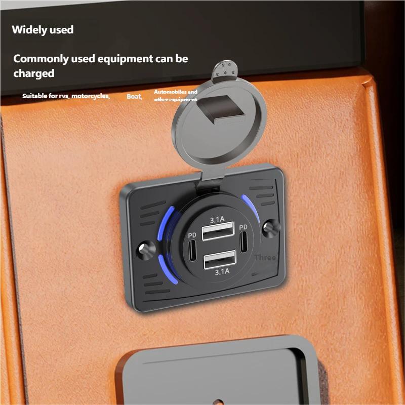 שקע מטען רכב כפול USB 12V-24V QC3.0 PD 3.1A/2.1A טעינה מהירה עם פאנל שקעים מכסה הזזה מתאם למשאית קרוואן רכב פנאי