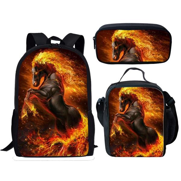 Klassiek Nieuwigheid Grappig Cool Vuur Gek Paard 3D Print 3 stuks/Set leerling Schooltassen Laptop Dagrugzak Rugzak Lunchtas Etui