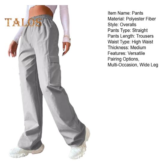Pantaloni cargo pentru femei, cu talie elastică, cu picior lat, de culoare uni, pantaloni de sport casual, cu buzunar lateral cu clapă