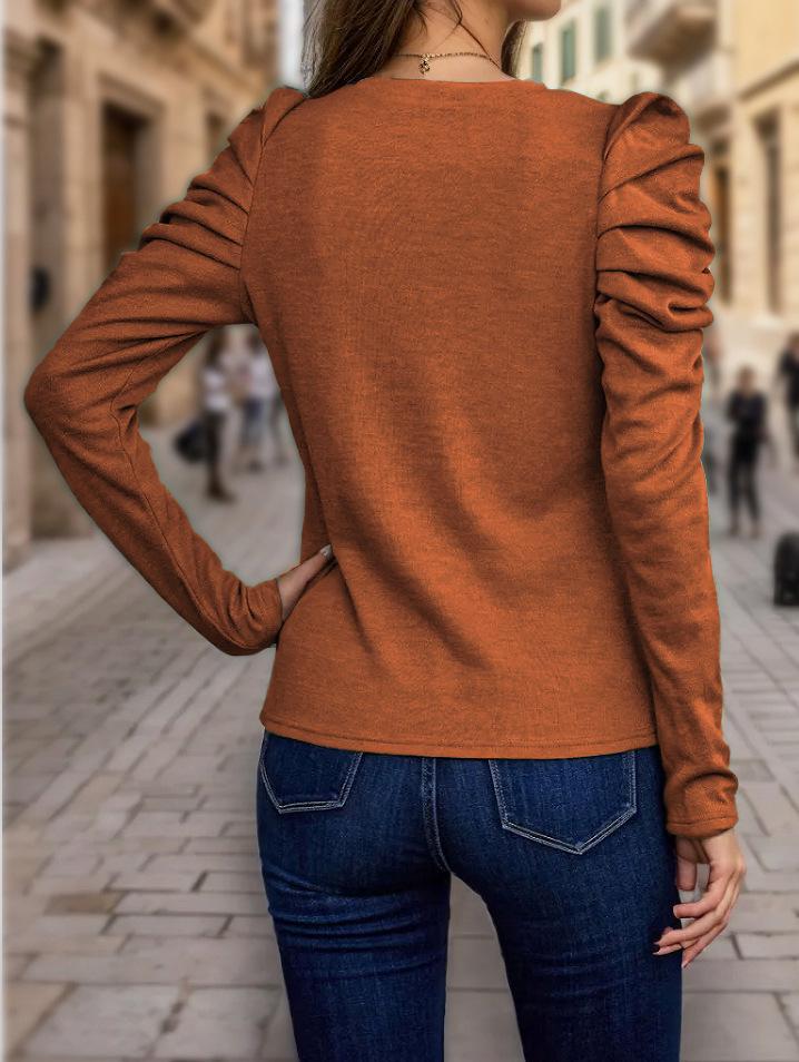 2024 Women's High-Elastic Cashmere Round Neck Slim Fit Puff Sleeve Long Sleeve Top for Autumn and Winter