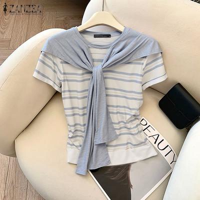 Women Casual Round Neck Short Sleeve Patchwork Stripe T-Shirt