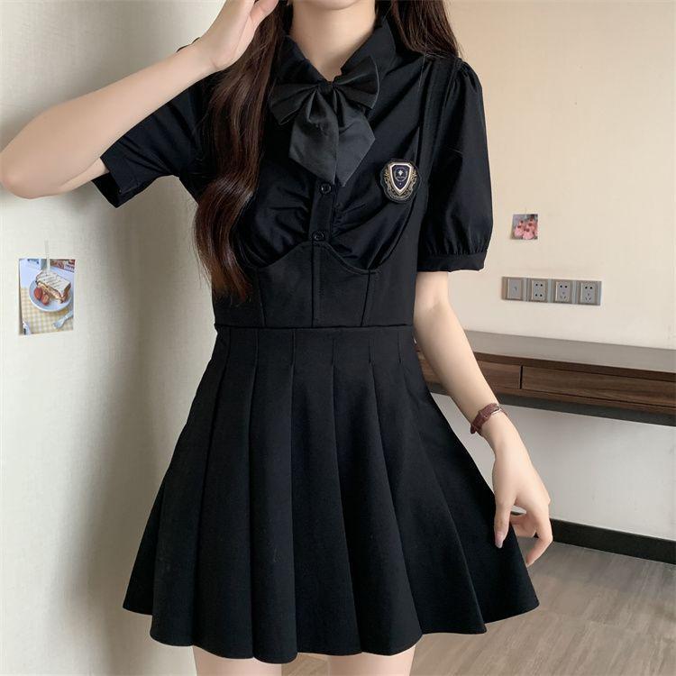 Plus Size Fishbone A-Line Strap Skirt and College Style Shirt Set - Slimming JK Design