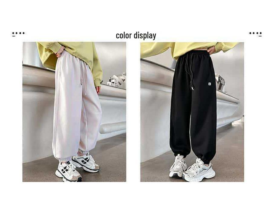 Girls' Versatile Black Sweatpants - Spring/Autumn Style, Loose Fit Casual Pants for Middle and Big Kids