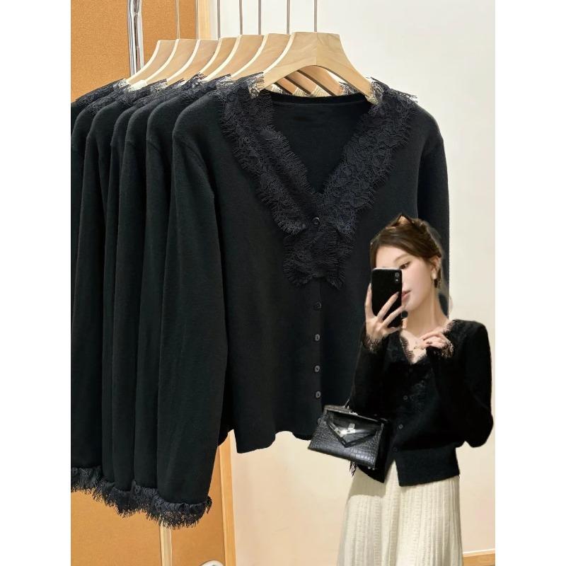 Premium collar temperament lace cardigan top women's autumn and winter sweet Spice Girl bottoming long-sleeved button-down knitted sweater