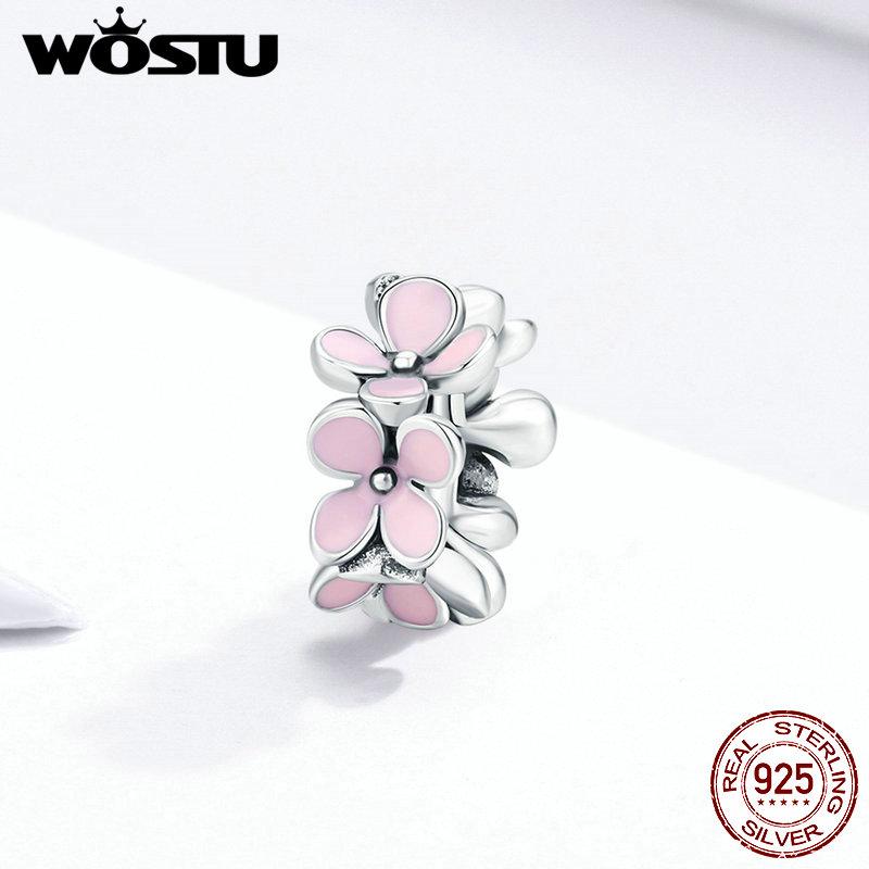 WOSTU Pink Flower Charms 925 Sterling Silver Blossom Flower Beads Fit Original Bracelet Pendant Jewelry For Women