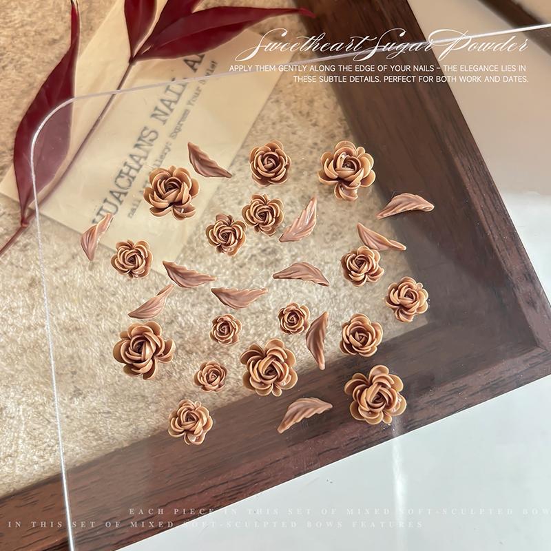 50Pcs 3D Mix Sizes Beautiful Blossoming Rose Flowers Leaf Resin Adhesive Nail Art Rhinestones Decorations Manicure Kawaii Charms