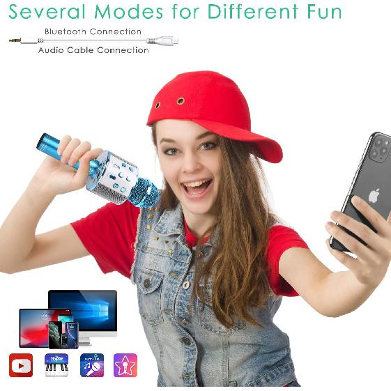 Wireless Bluetooth Karaoke Microphone for Kids, 5-in-1 Portable Handheld Karaoke Mic Speaker Player Recorder with Adjustable Remix FM Radio