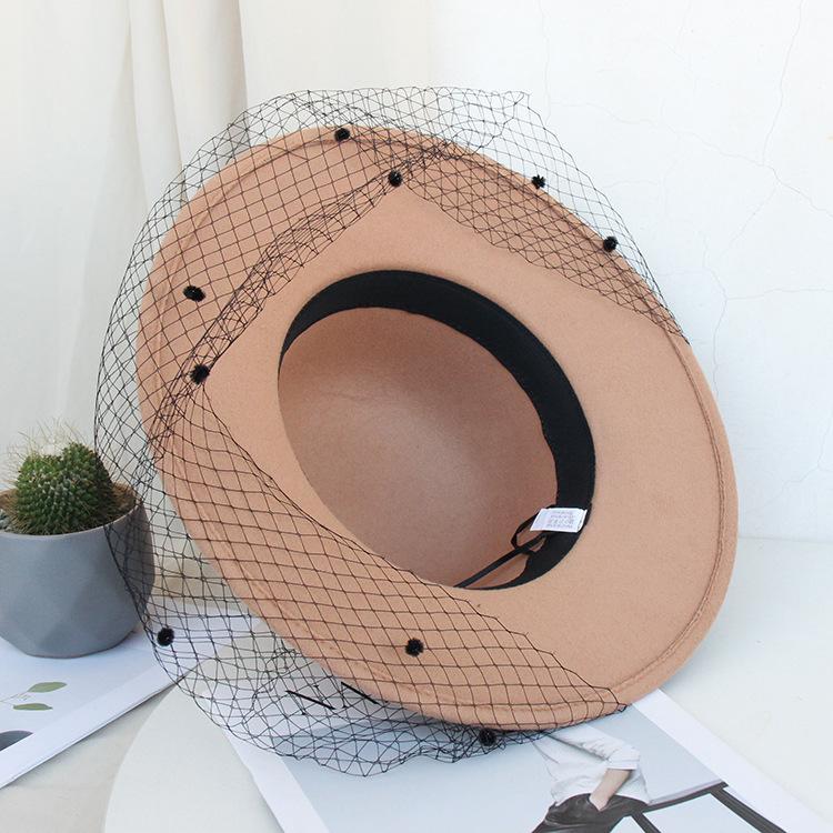 Autumn And Winter Hepburn Big-Brimmed Woolen Hat British Retro Felt Hat Mysterious Mesh Flower Banquet Top Hat
