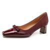 High Heels Women's Thick Heel Spring and Autumn New Red Bow Middle Heel Shoes Splicing Single Shoes