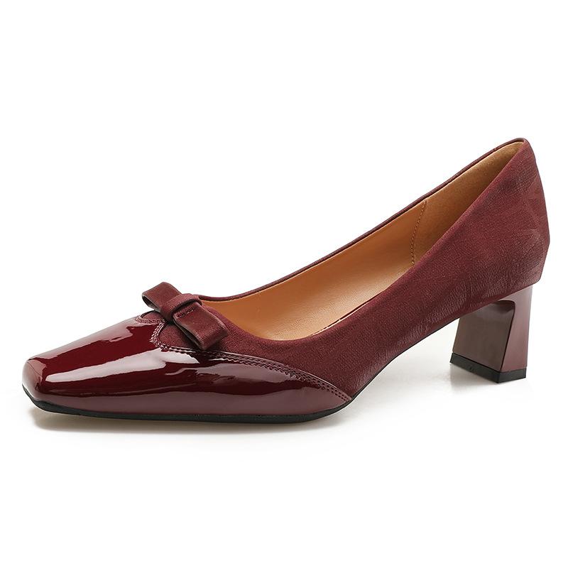 French high heels women's thick heel spring and autumn 2025 new red bow middle heel shoes splicing small fragrant single shoes