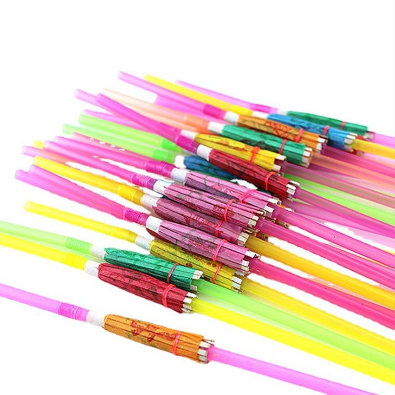 50 Fluorescent Umbrella Straws for Hawaiian-Themed Party Decoration and Craft
