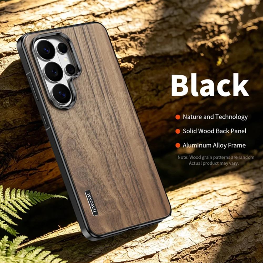 Luxury Alloy Solid Wood Back Panel Hybrid Phone Case For Samsung Galaxy S26 S25 S24 Ultra Aluminum Alloy For Magsafe Wireless Charging Cover