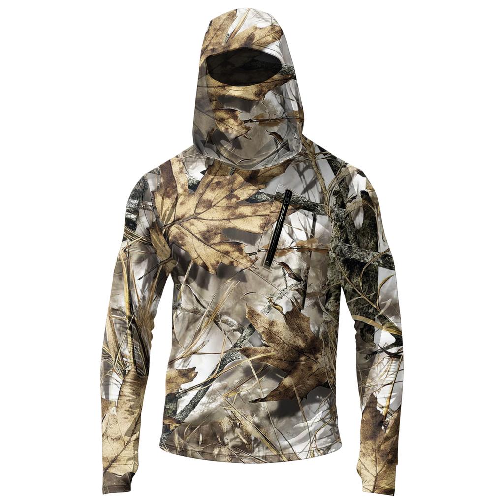 Men's Casual Leaf Camouflage Print Hooded Long Sleeve Sun Protection Shirt Lightweight Breathable Outdoor Activewear Top for Hiking Fishing