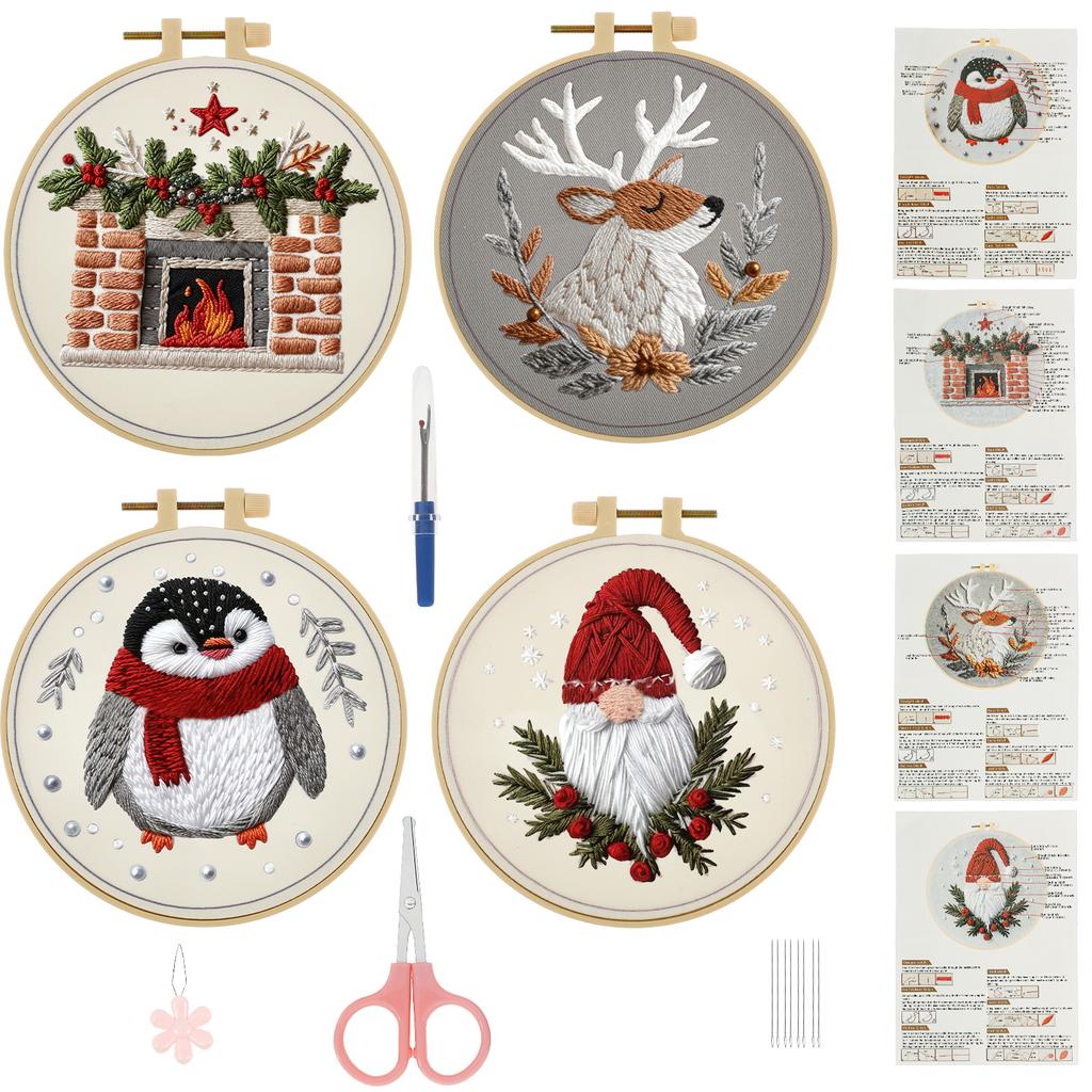 4 Sets Christmas Embroidery Kit with Pattern Needles Threads Hoops and Tools Beginner Embroidery Kit for Adults and Beginners
