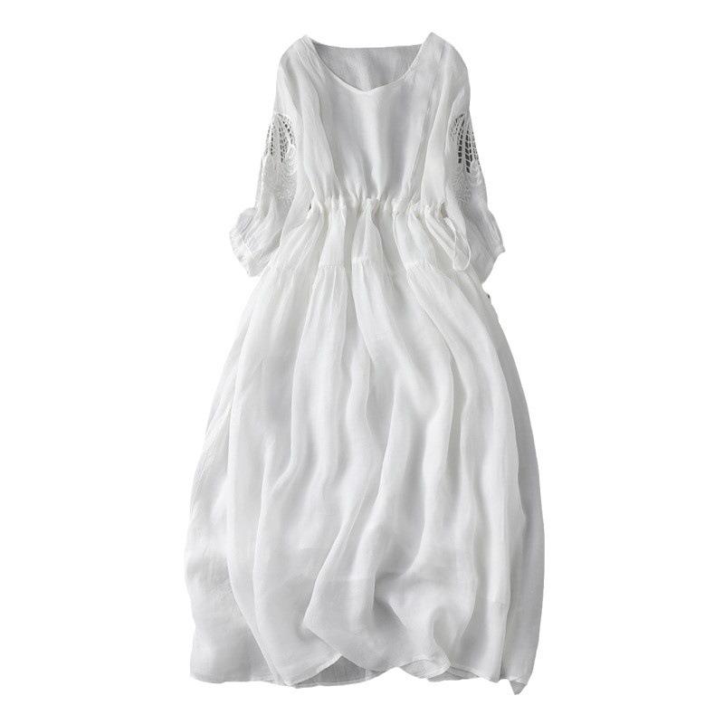 Literarisches Retro-Kleid für Damen, hautfreundlich, große Größe, mit sieben Ärmeln, hohle, lockere Taille