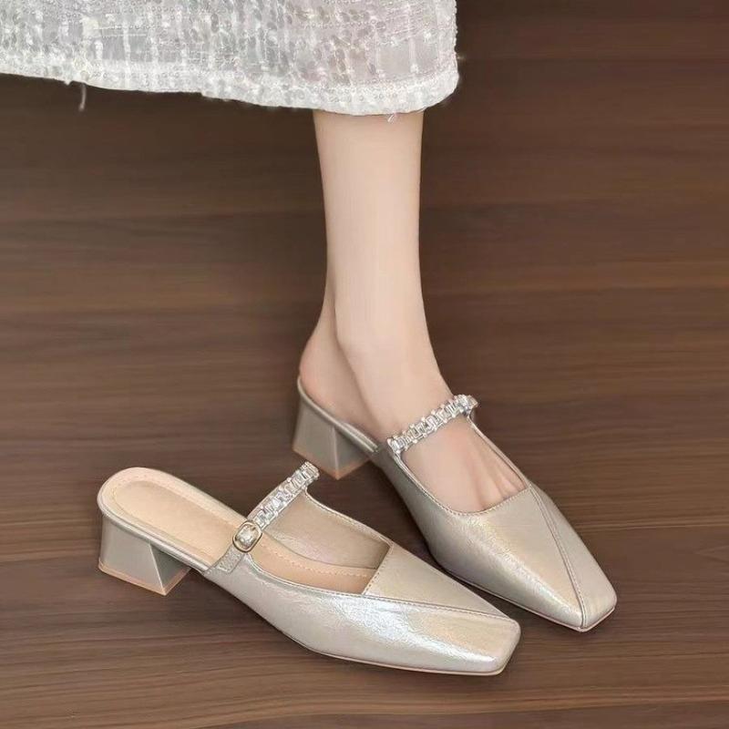 

Fashion Rhinestone Strap Block Heel Half Slip Autumn New Square Toe Shallow Mouth Anti-slip Wear-resistant Mid-heel Shoes 40 бежевый