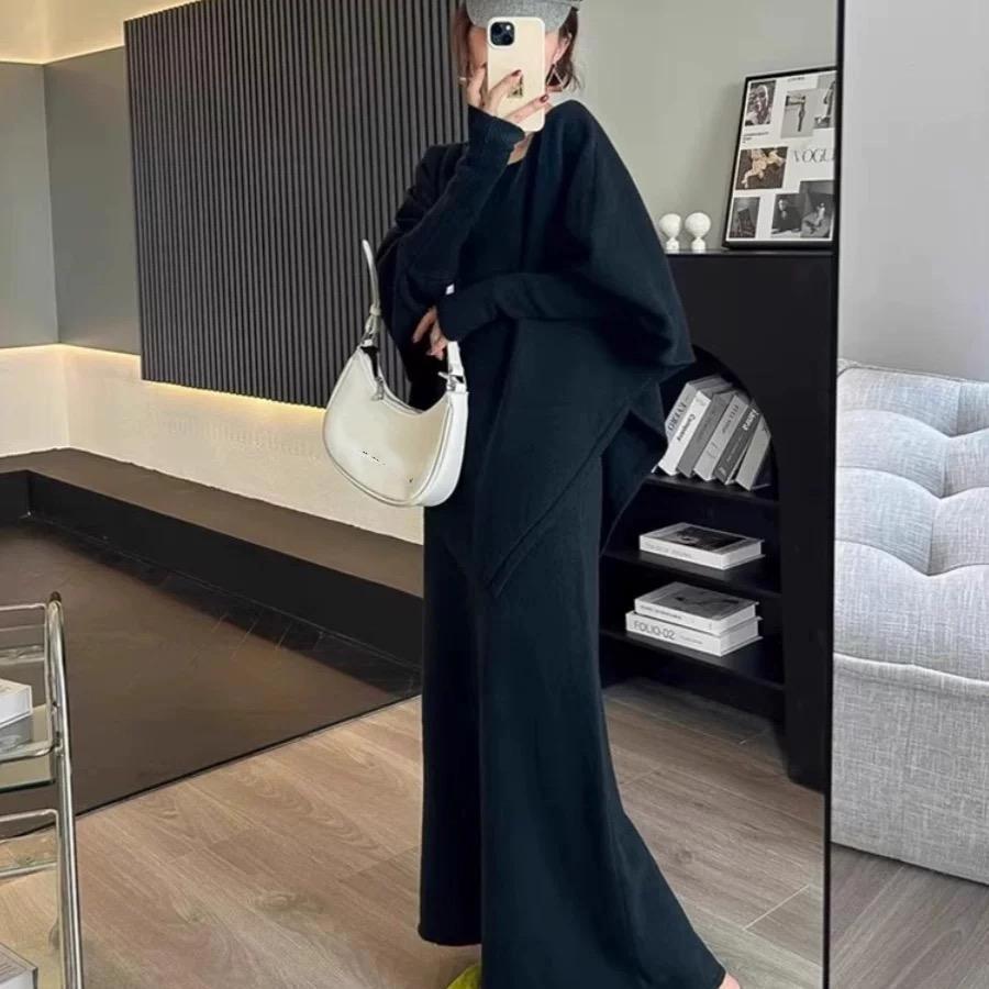 

Свободный вязаный костюм-свитер с неровным краем, женская юбка, комплект из двух предметов one size чёрный