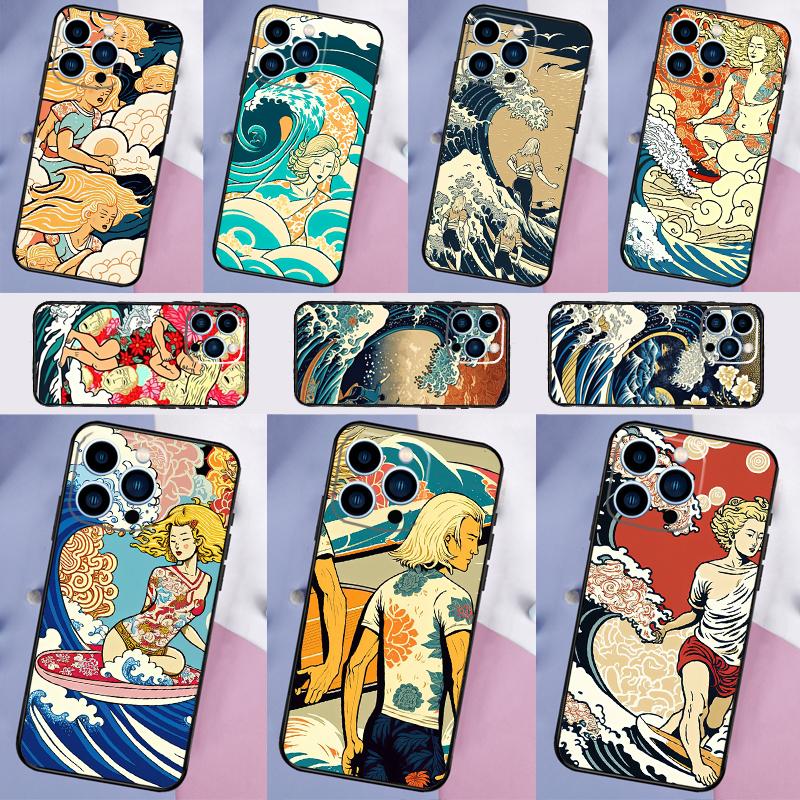 Japanese Surfers Phone Case For iPhone 16 15 13 12 11 14 Pro Max 12 13 mini XR 15 16 Plus 16e Cover Shell