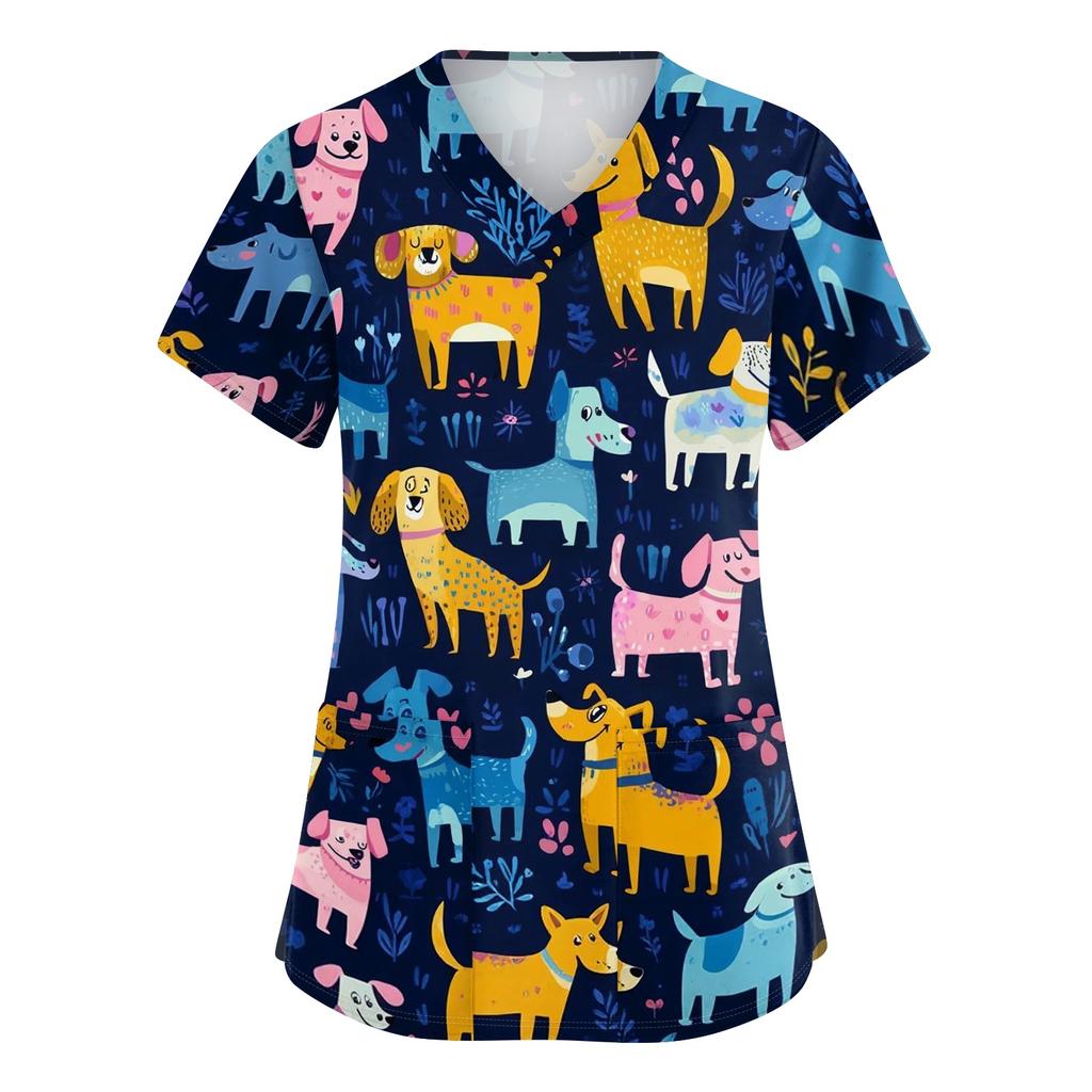 Damen V-Ausschnitt Kurzarm Arbeits-Top mit Seitenschlitzen und Taschen Tierprint Medizinische Uniformbluse für medizinisches Fachpersonal