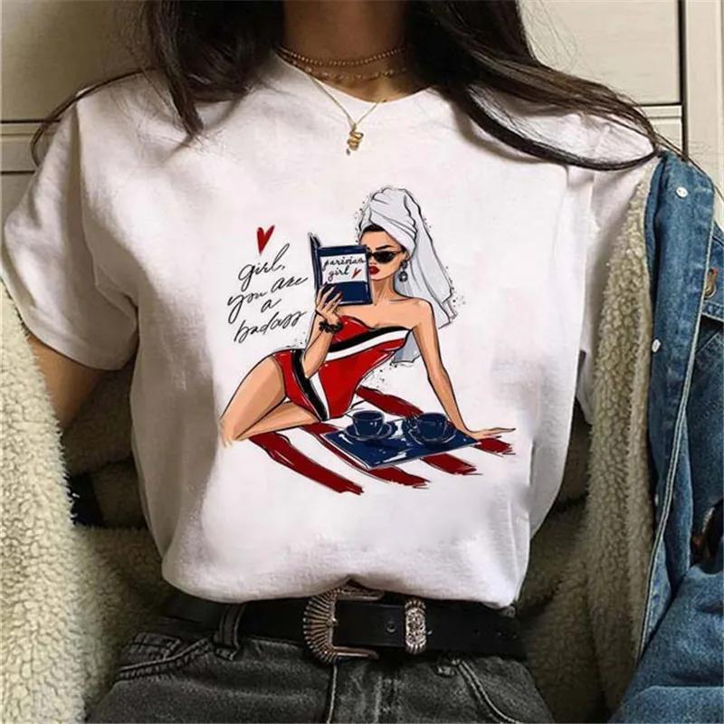 Maycaur Women Casual Short Sleeves T-shirt Harajuku Sexy Women Print T Shirt Fashion Korean Trendy White Tops Female Tshirts