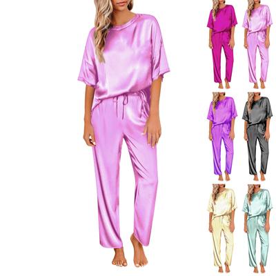 Women's Silk Solid Color Pajama Set Short Sleeve Shirt And Long Pajama Pants Set Soft Pajamas Loungewear