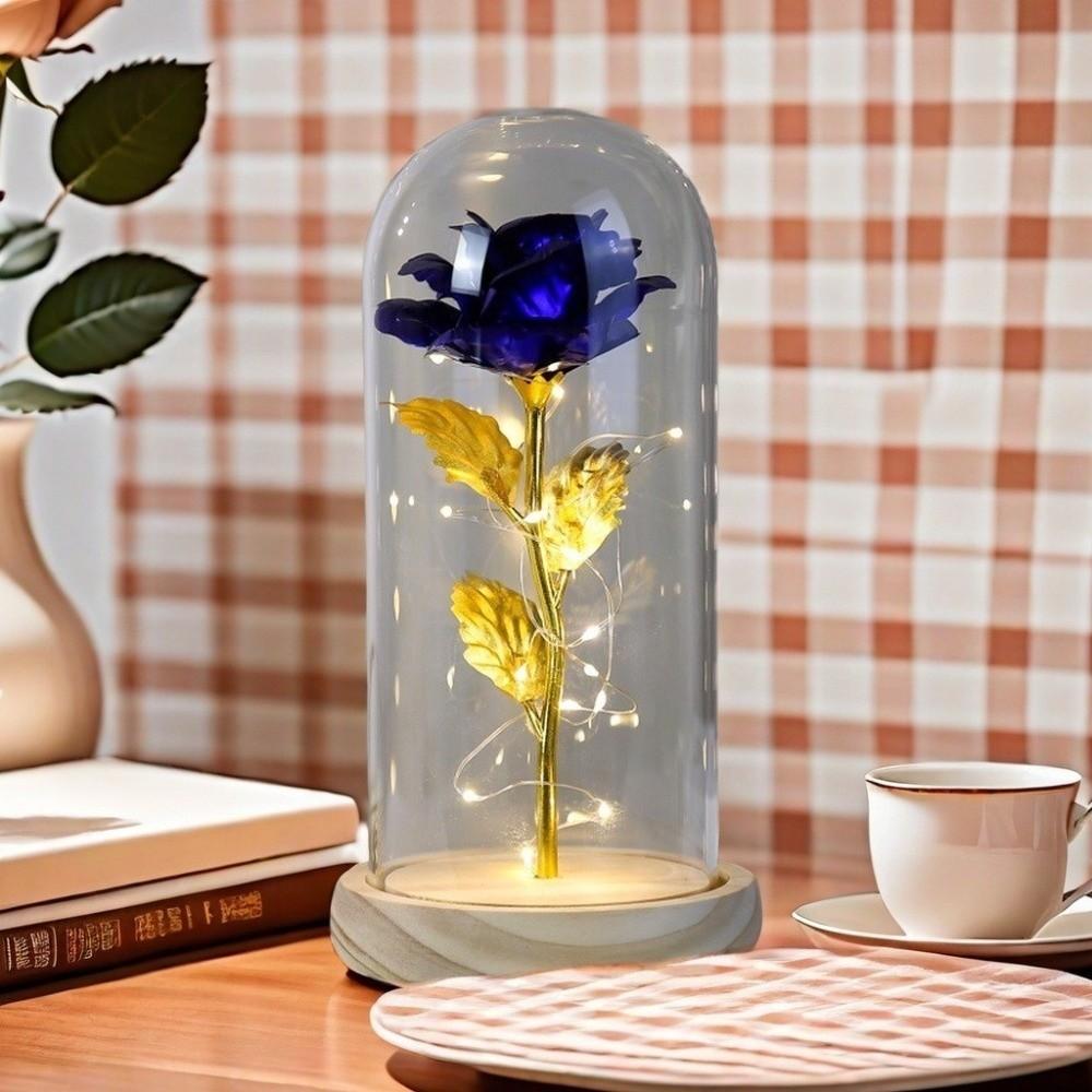 Wooden Base Rose LED Light Glass Cover Artificial flowers Preserved Rose Flower  Valentine's Day