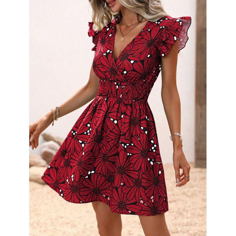 

Летняя новинка Женская одежда Модный стиль Нишевый дизайн Вырез Вышивка Летящий рукав V-образный вырез Платье Стройнящее Red XL