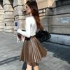 French Pu Leather Pleated Skirt Women, Autumn New Anti-light Elastic High-waisted A-word Short Skirt Pants
