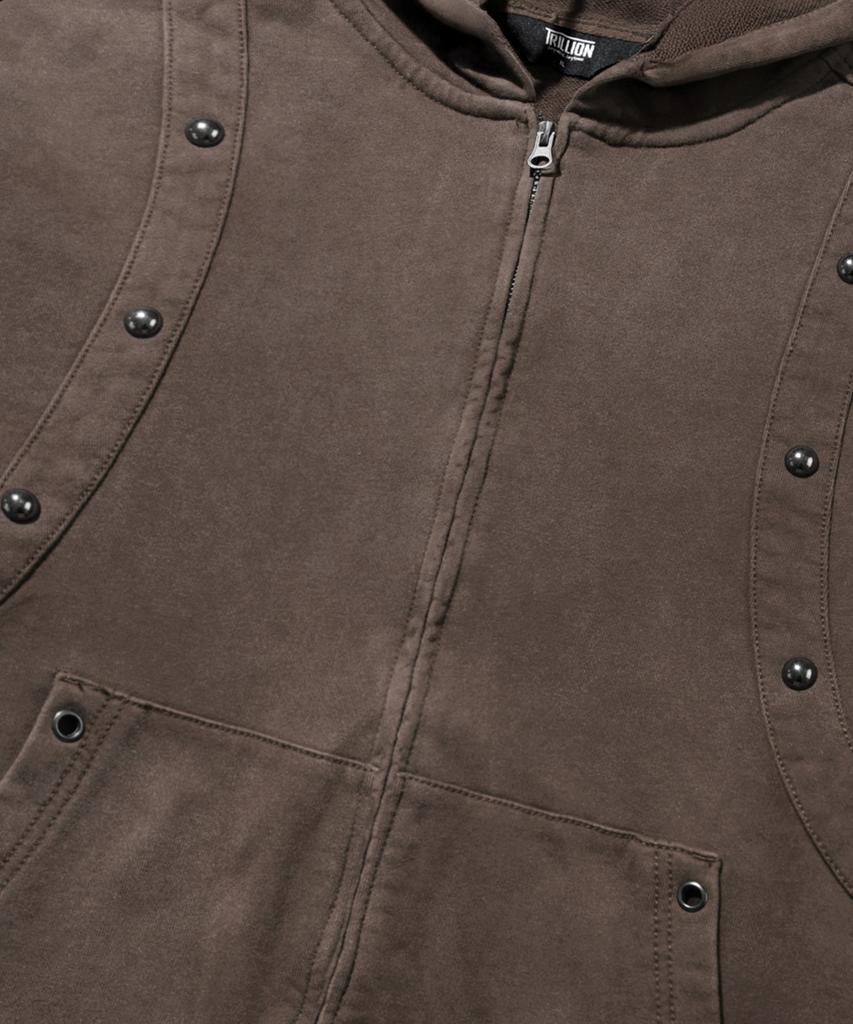 Trillion Vintage Studded Pigment 2-Way Zip-Up Hoodie_Brown