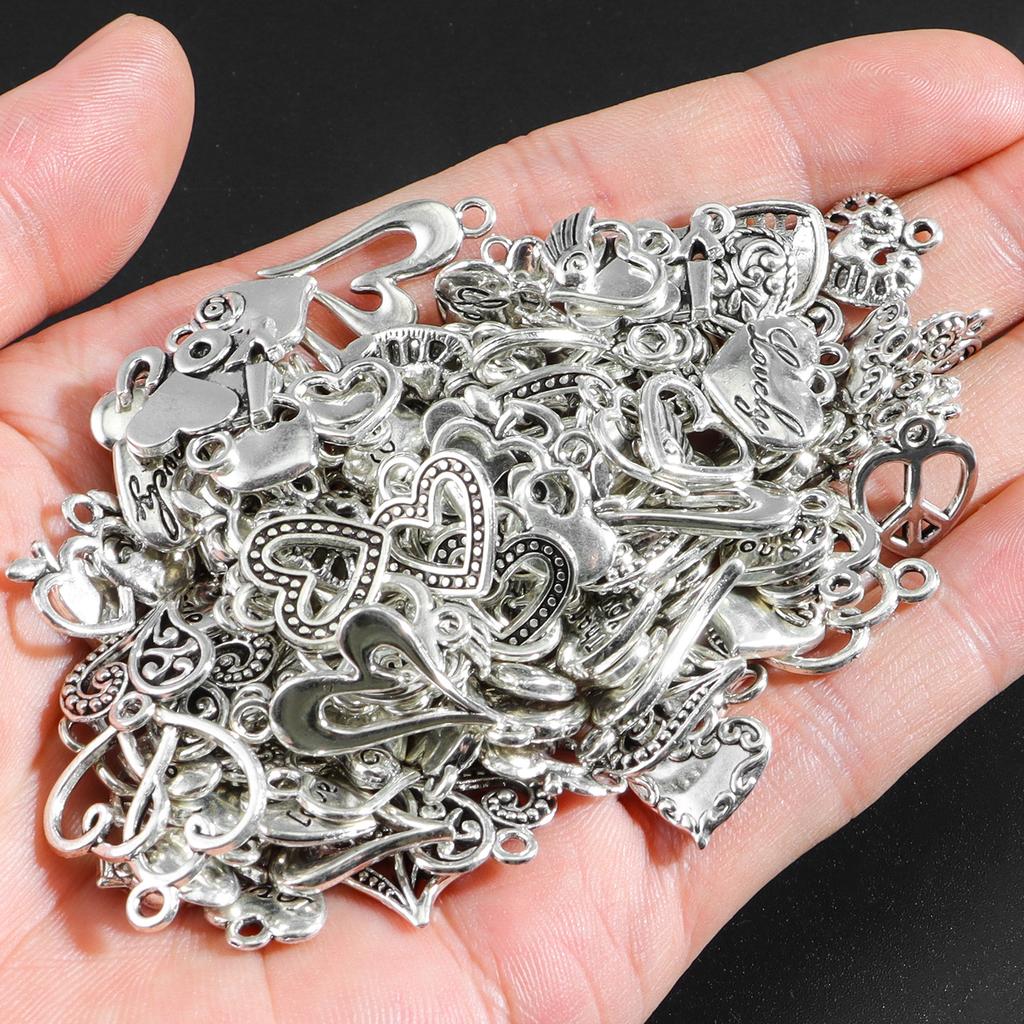 50pcs Antique Silver Love Heart Charm Alloy Tibetan Style Random Mixed Heart Charm Valentine's Day Jewelry Heart Charm Pendant