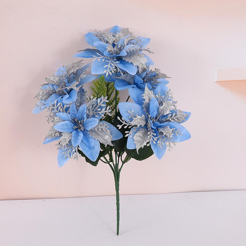 Cross-border Christmas 5-Fork Velvet Artificial Flower Bouquet - Green Plant Bonsai Christmas Decoration